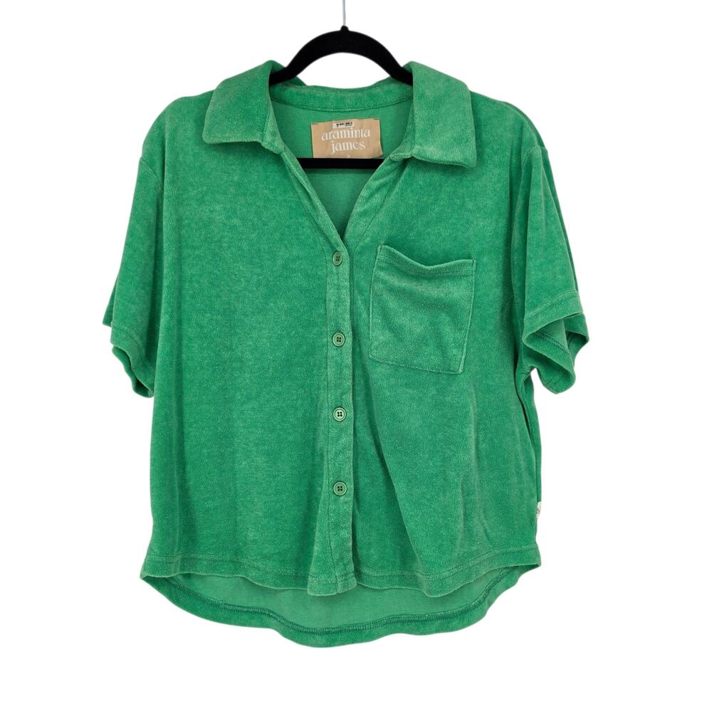 Araminta James Kelly Green Cotton Terry Short Sleeve Pocket Button Up Shirt Sz M